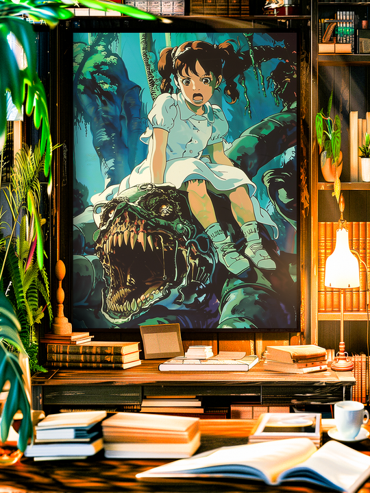 High quality anime poster inspired by Studio Ghibli featuring a young girl in a white dress sitting on a mystical forest creature with sharp teeth, surrounded by lush green nature and fantasy vibes.