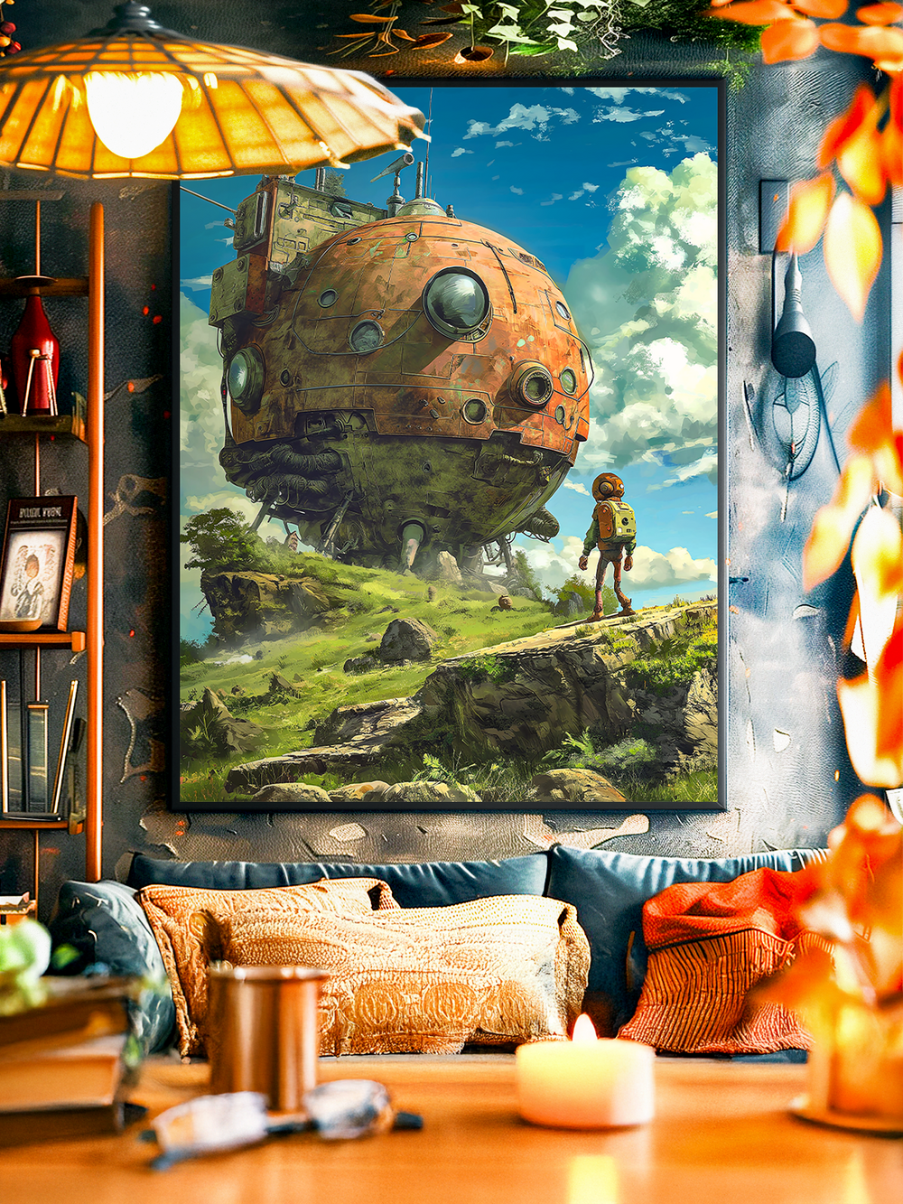  A Studio Ghibli inspired poster showing a rusty spherical spaceship floating above green hills and blue skies, displayed in a cozy living room with warm autumn decor, pillows, books, and soft lighting. The framed artwork blends whimsical Ghibli style with futuristic adventure and cinematic interior design.