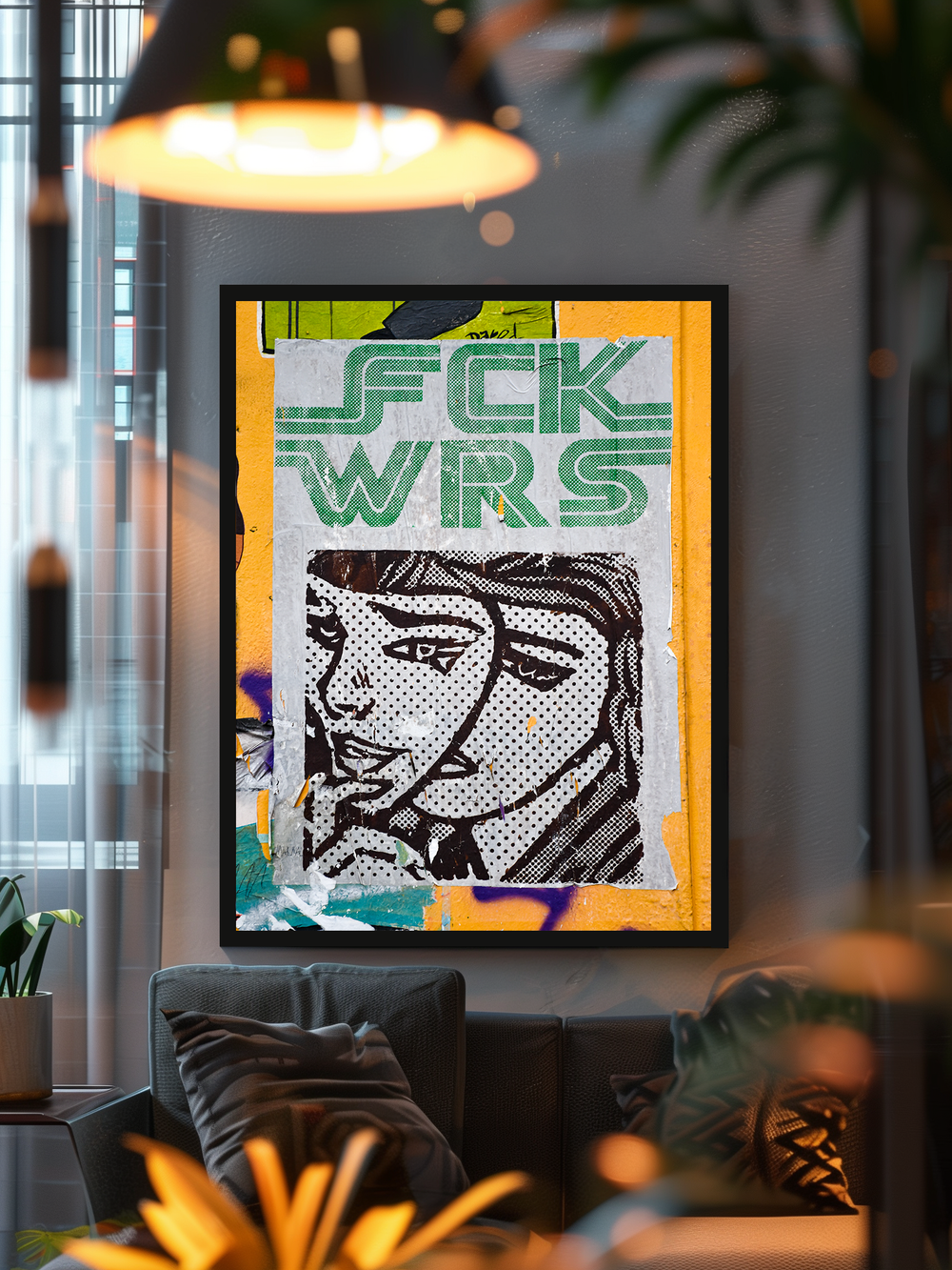 Modern living room interior featuring a framed pop art poster with bold green typography and a black-and-white comic-style couple illustration. The artwork hangs above a cozy grey couch with patterned cushions, illuminated by warm pendant lighting and surrounded by indoor plants for a vibrant, contemporary atmosphere.