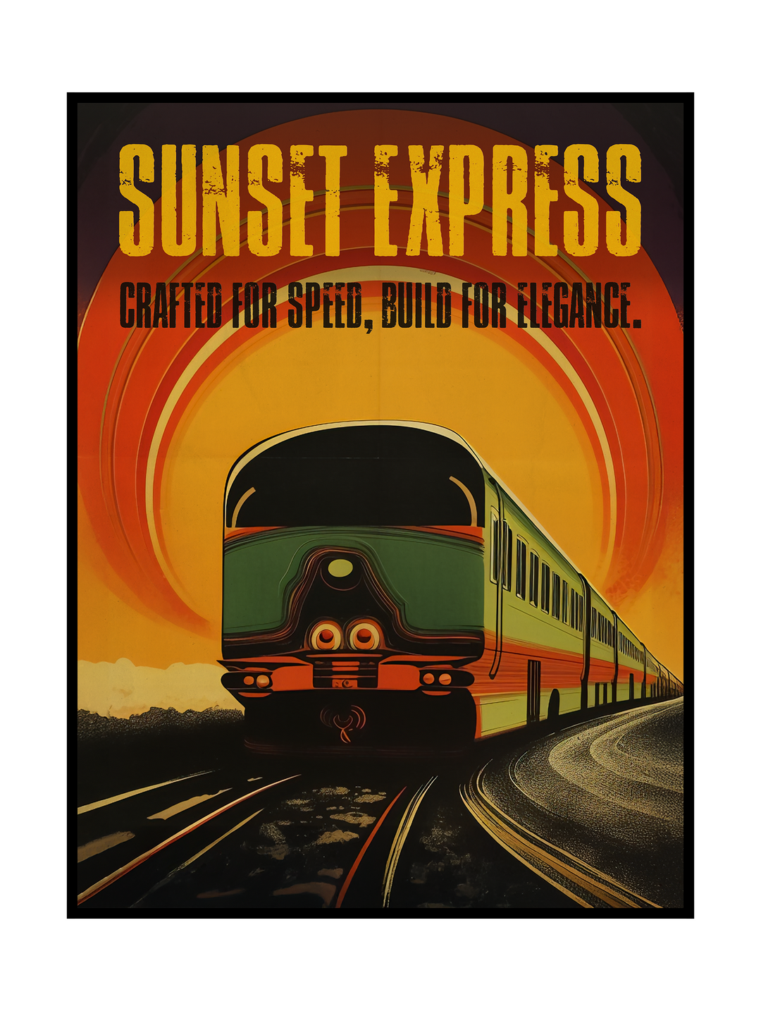 Retro wall art poster featuring a stylized vintage passenger train racing along curved railway tracks at sunset. Warm orange and yellow tones form a glowing sun backdrop, while the streamlined green train evokes classic mid-century travel posters. Bold typography and cinematic lighting create a nostalgic sense of speed, elegance, and adventure. Vintage train wall art designed as a statement poster for modern, retro, and travel-inspired interiors.