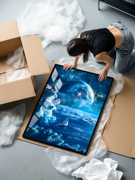 A peaceful blue ocean scene featuring a sailboat gliding across calm water beneath a glowing planet and star-filled cosmic sky. Soft blue tones, detailed clouds and atmospheric lighting create a tranquil marine mood. Premium black metal frame, shatterproof plexiglass and museum-grade matte paper emphasize the high-quality craftsmanship of the wall art.