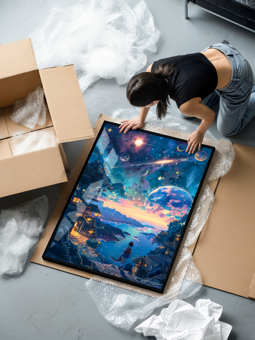 Premium framed wall art featuring a vibrant cosmic sunset above a peaceful coastal village. A lone figure stands overlooking glowing water, star-filled skies, and distant planets. Printed on museum-grade 200 gsm matte paper with a sleek black metal frame and shatterproof plexiglass, produced with sustainable materials for a high-quality finish.