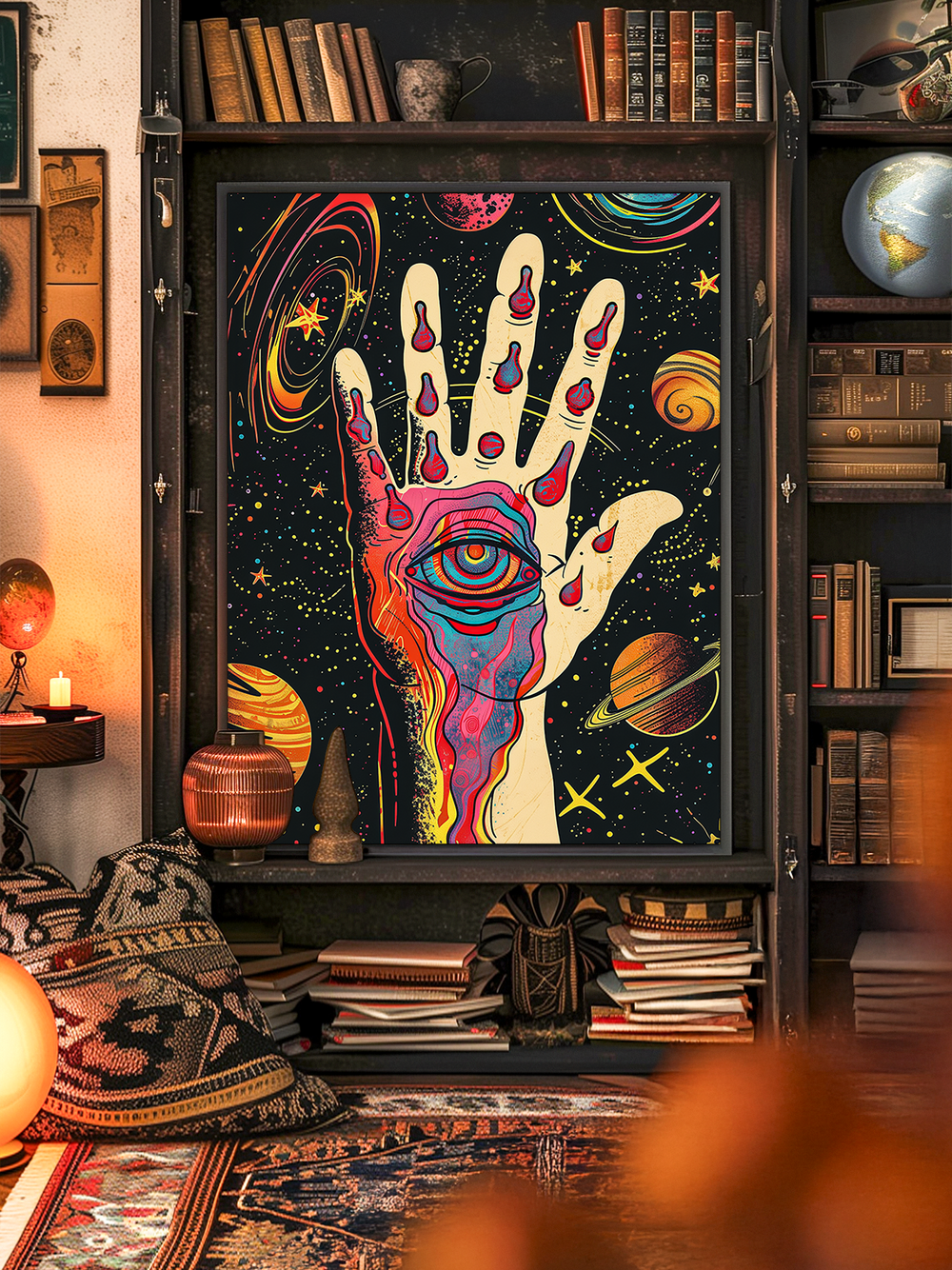 A vivid psychedelic artwork of a hand with an all-seeing eye in the palm and dripping shapes on the fingers, set against a swirling cosmic background with colorful planets and galaxies, is displayed in a dark wooden bookshelf. The vintage study setting includes old books, a globe, patterned pillows, candles, and layered rugs, creating a warm, eclectic, and intellectual atmosphere.