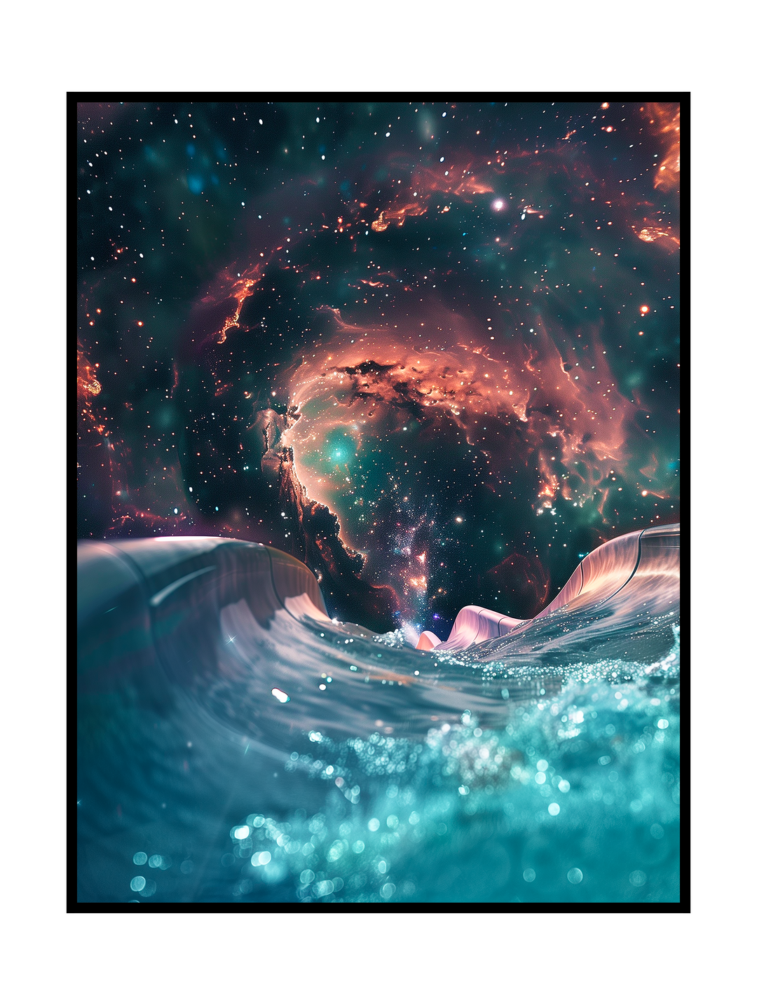 Dreamlike artwork showing a waterslide merging with a vast cosmic sky, where glowing nebula clouds and stars reflect above the water, blending space and sea into a surreal, atmospheric scene.