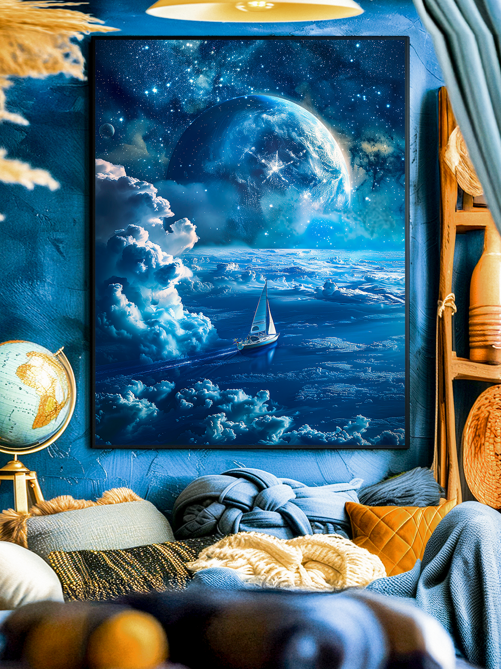 A dreamy fantasy poster showing a sailboat gliding over clouds beneath a massive glowing planet and starry universe in deep blue tones.