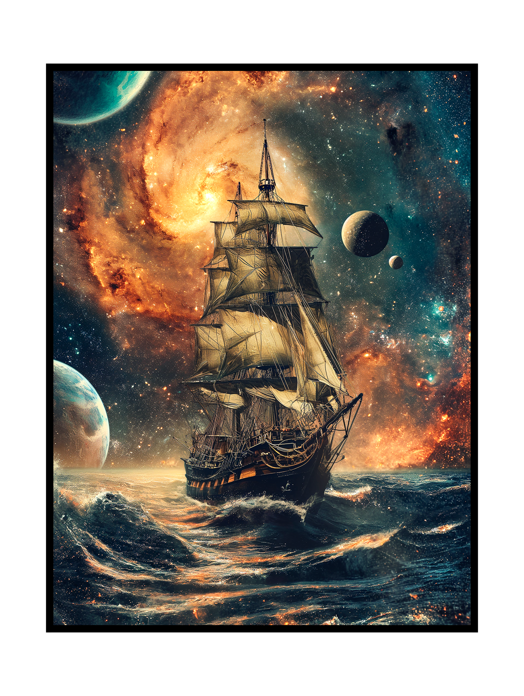 Surreal fantasy artwork showing a historic sailing ship traveling through a cosmic ocean, surrounded by planets, galaxies, and glowing nebulae, blending space exploration with classic maritime adventure.