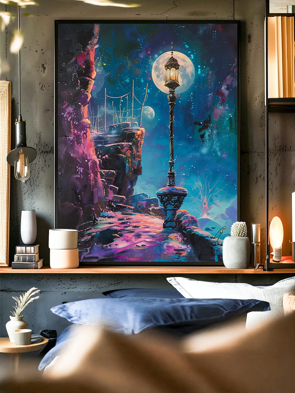 Colorful fantasy poster featuring a glowing street lamp on a cliffside under a cosmic night sky with planets and galaxies, blending surreal landscapes and dreamy lighting, displayed in a modern bedroom with minimalist decor.