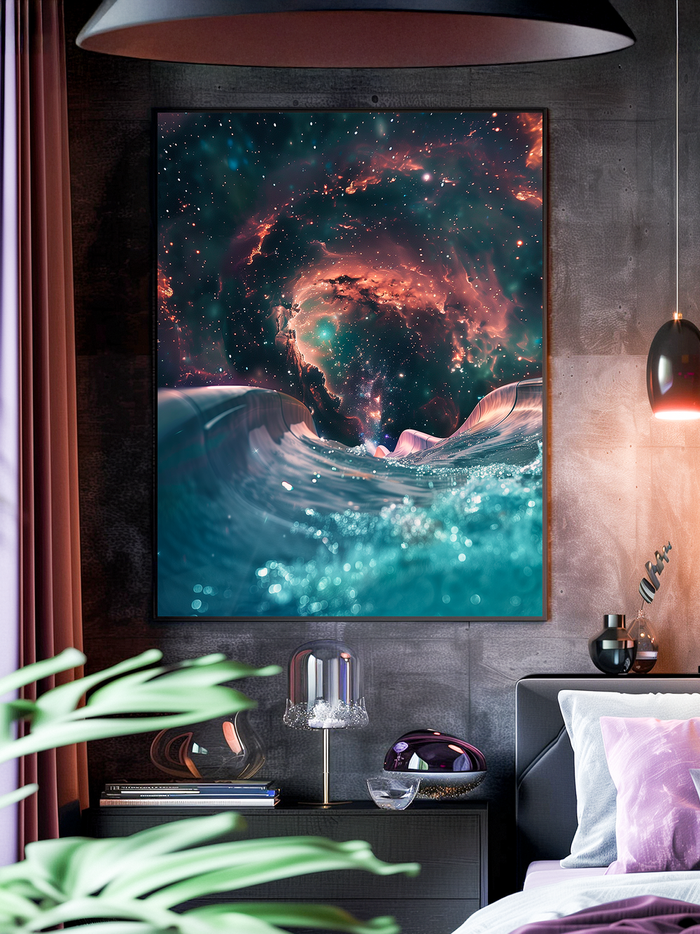 A vibrant wall art depicting a massive cosmic wave merging with a colorful galaxy, displayed in a modern bedroom with dark textured walls, purple accents, hanging lamp, bedside table with glass decor, and a leafy plant in the foreground adding depth.