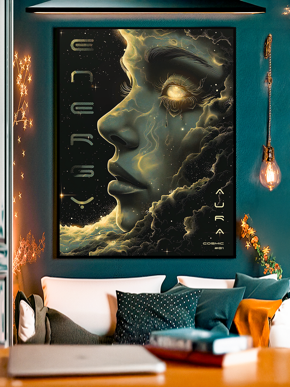 A highly detailed fantasy artwork showing the side profile of a woman’s face integrated with cosmic clouds and starlit skies. Her glowing eyes radiate energy, while intricate lightning-like patterns illuminate her features. Futuristic typography runs vertically along the artwork, adding a sci-fi touch. The poster is displayed in a stylish modern living room with teal walls, decorative pillows, soft lighting, and warm details that enhance the celestial atmosphere.