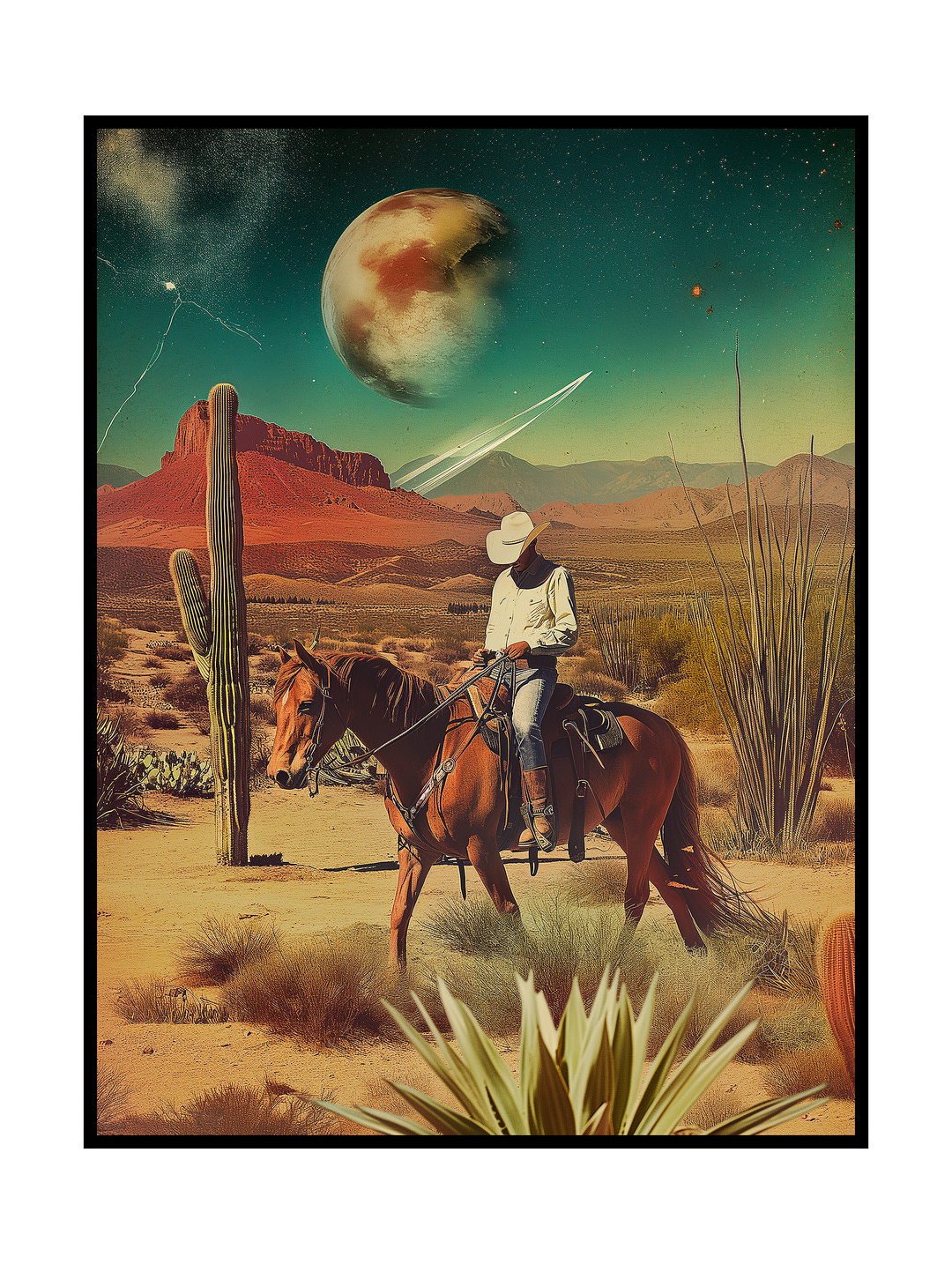 A cinematic surreal scene of a lone cowboy on horseback crossing a desert landscape filled with cacti and red rock formations. Above him hangs an otherworldly moon and streaking light in the sky, blending classic Western imagery with a quiet fantasy atmosphere of exploration and solitude.