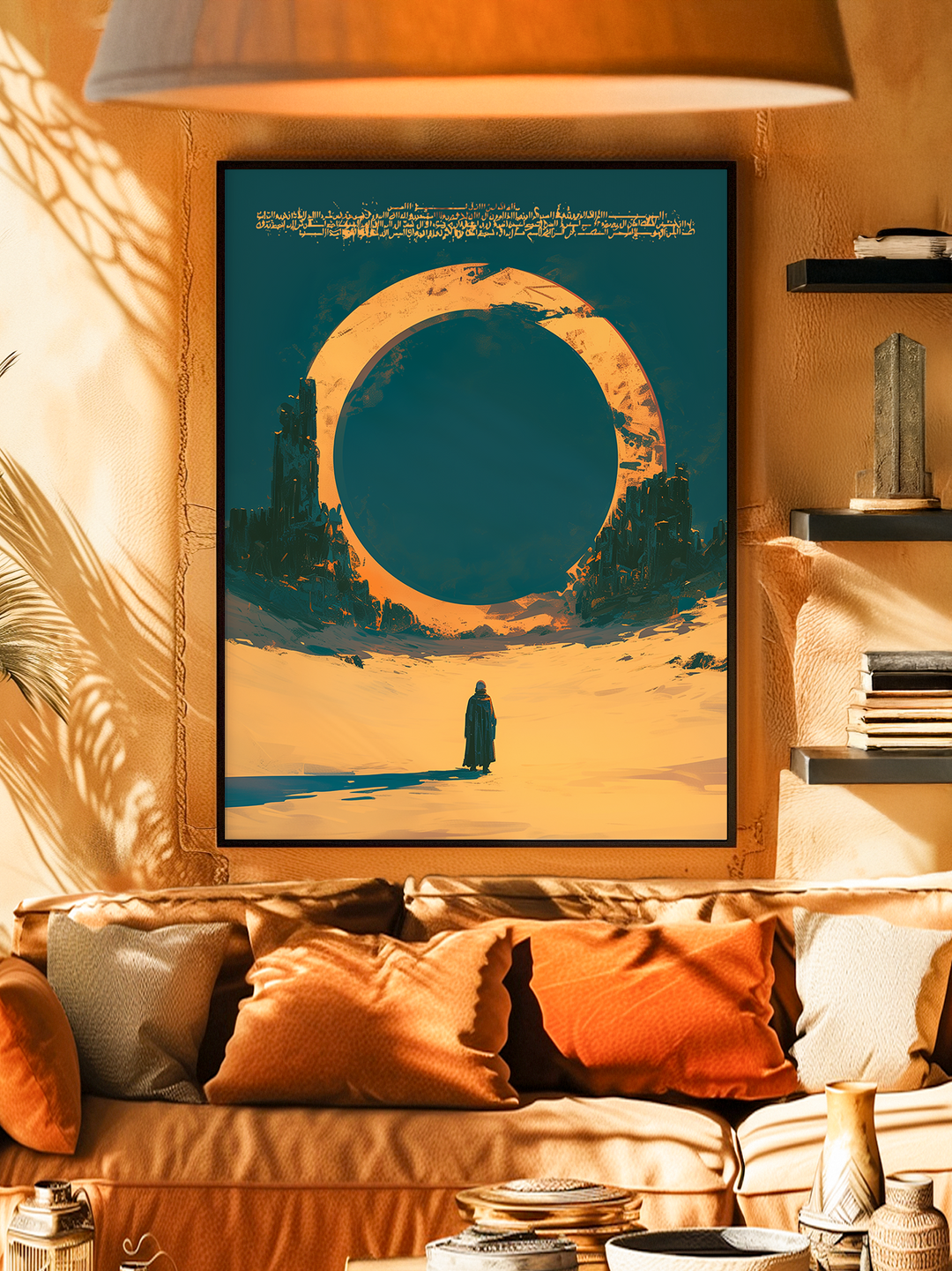 Striking wall art featuring a surreal desert scene with a massive golden ring against a deep blue sky, framing a solitary figure in the sand. Displayed in a warm, sunlit living room with earthy orange tones, wooden frame, cozy cushions, and modern decor elements, creating an inviting and artistic ambiance.