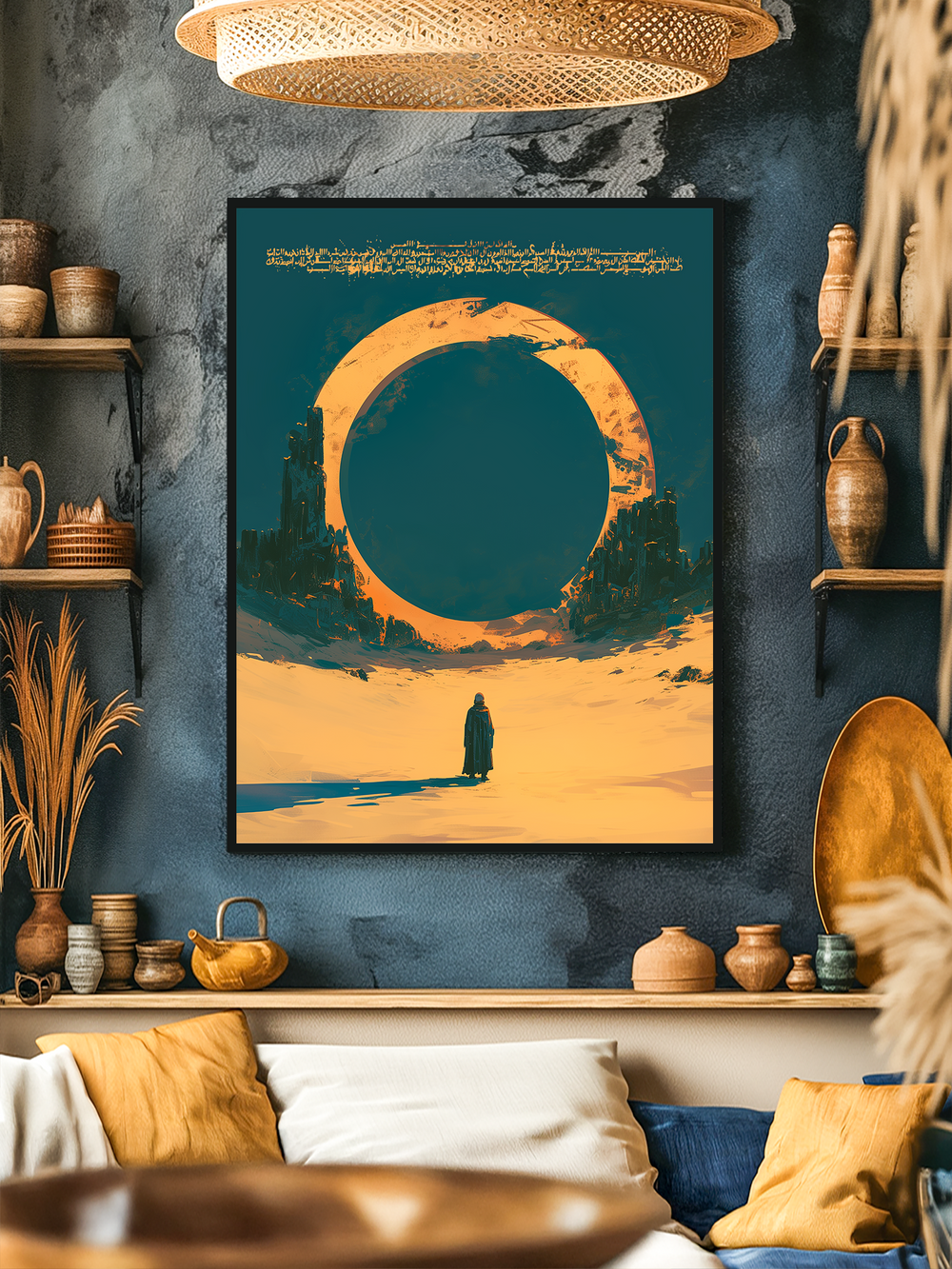 Artistic wall poster depicting a vast desert landscape with a towering golden ring framing a deep blue sky, a solitary figure standing below. Displayed in a cozy, rustic room with textured dark blue walls, wooden shelves, ceramic vases, and earthy-toned pillows for a warm, inviting atmosphere.