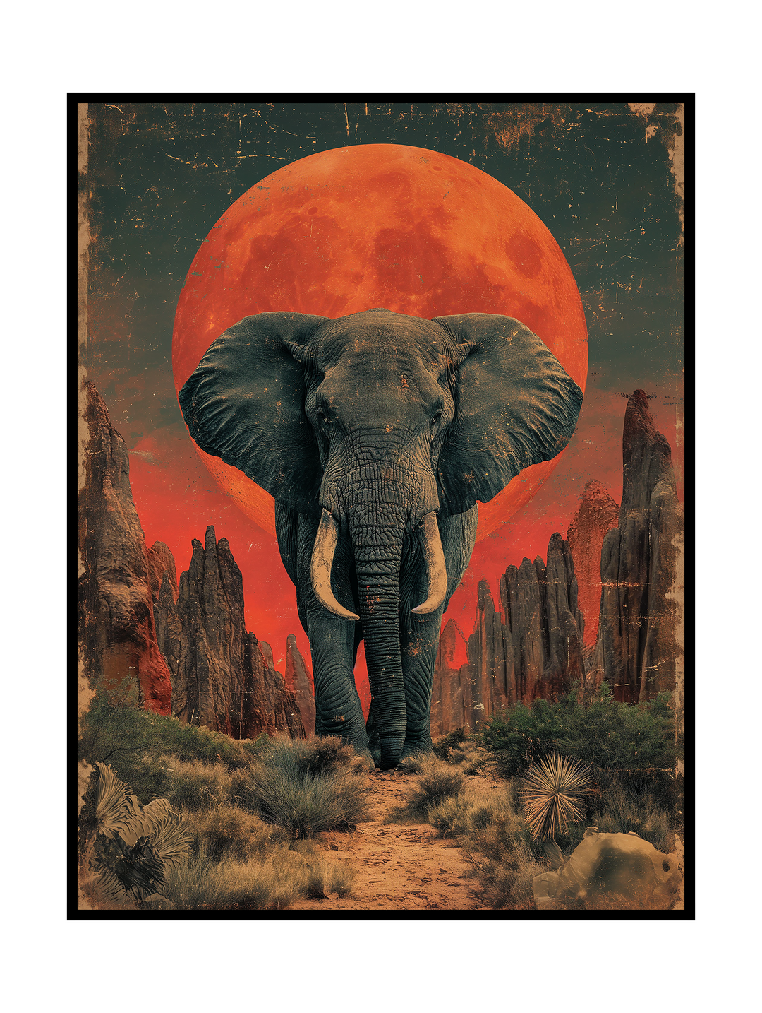 Dramatic surreal artwork featuring a powerful elephant standing in a rugged desert canyon landscape, framed by towering rock formations and a large glowing red sun in the background. The composition blends vintage textures with symbolic wildlife imagery, creating a bold statement piece that evokes strength, solitude, and cinematic desert atmosphere.