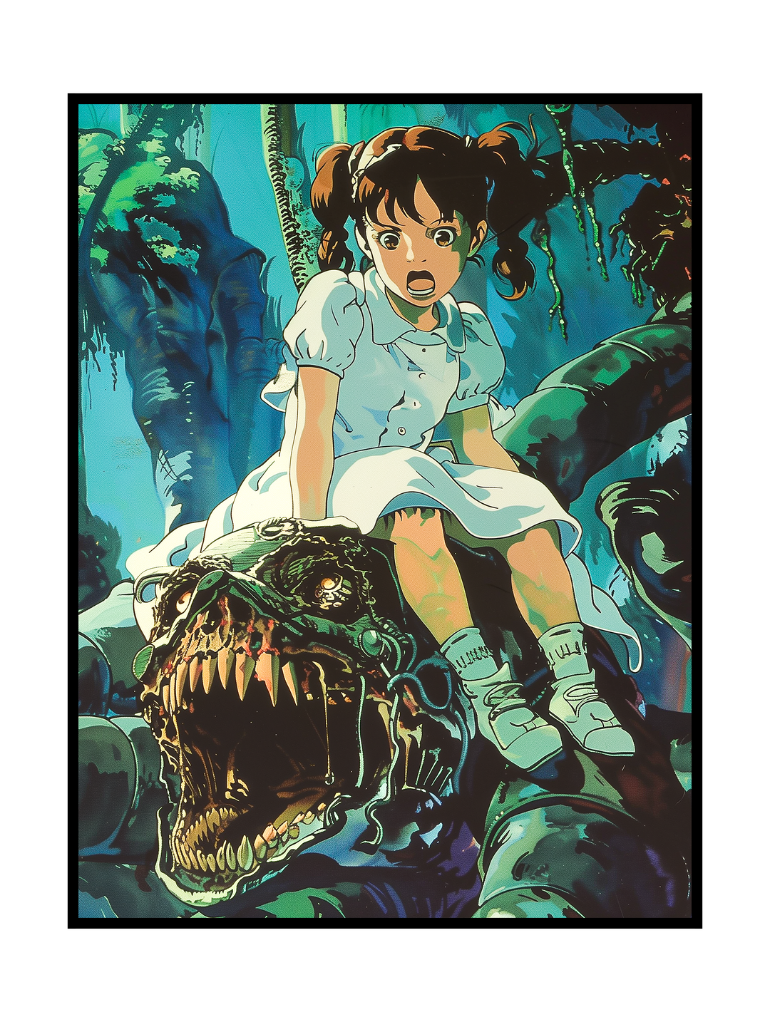 Surreal fantasy artwork depicting a young girl in a light dress sitting atop a large tree creature with exposed gears and sharp teeth. Set in a lush, overgrown environment with organic shapes and muted green tones, the scene blends innocence with dark mechanical elements, creating a cinematic, retro-inspired fantasy atmosphere.