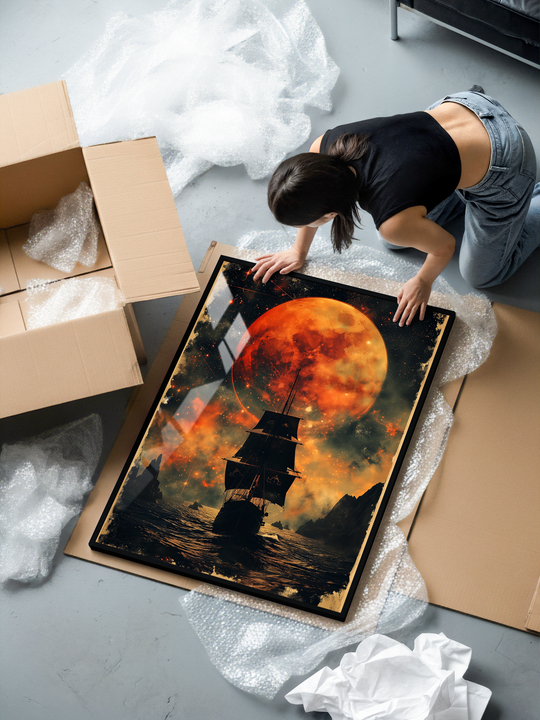 A dramatic surreal fantasy artwork featuring a lone pirate ship sailing across a glowing ocean beneath a massive blood-red planetary moon. The fiery sky, cosmic atmosphere, and reflective water create an intense cinematic mood. Printed on museum-grade 200 gsm matte paper and framed in a sleek black aluminum frame with shatterproof plexiglass for long-lasting premium quality. Perfect for fantasy lovers, ocean décor, and dramatic statement interiors.