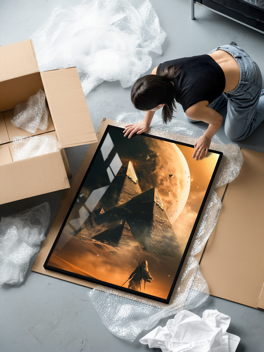 A woman kneels beside a large framed poster during unboxing, surrounded by bubble wrap and cardboard. The artwork shows a lone adventurer walking through a surreal golden desert toward massive ancient pyramids. Above them hangs an enormous sci-fi inspired moon with glowing atmospheric light and soft dust clouds. Warm orange-gold tones blend with deep shadows, creating a mysterious, dreamlike fantasy atmosphere.