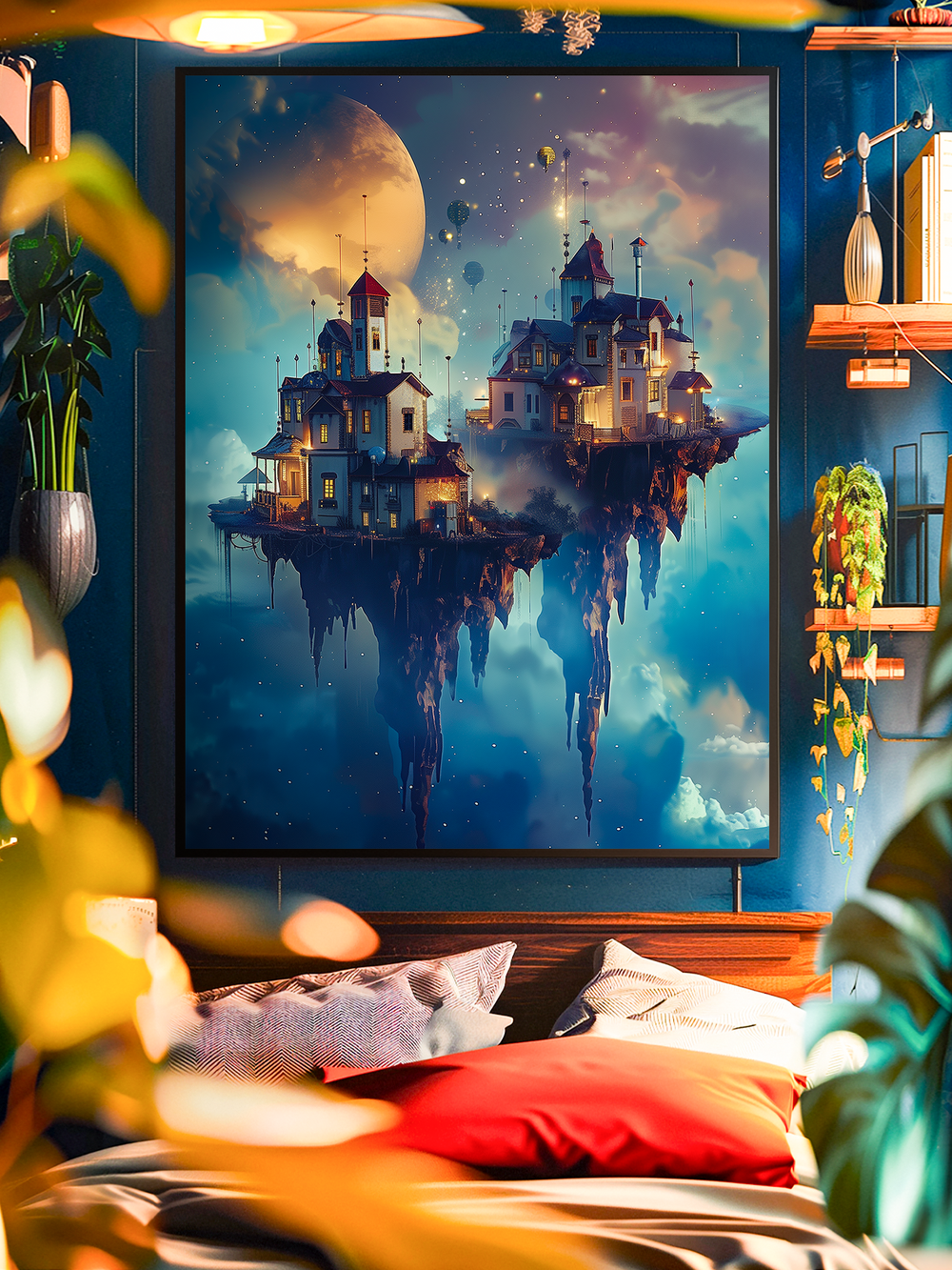 A dreamy fantasy wall art print featuring floating islands with illuminated houses under a glowing moon and starry night sky, displayed in a cozy modern bedroom with plants, bookshelves, and warm lighting.