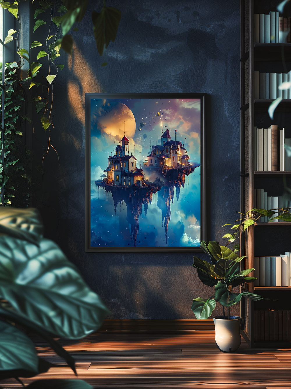 Fantasy wall art with floating island houses under a dreamy sky, showcased in a cozy reading corner with plants, wooden floor, and natural sunlight.