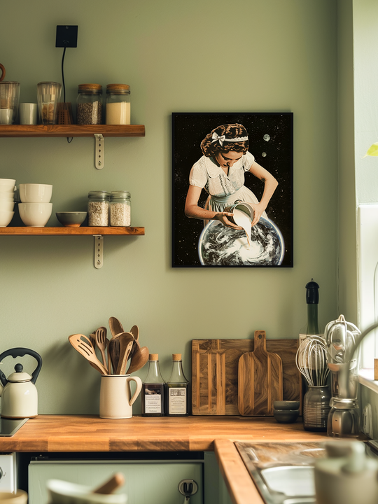 Art print of a retro-style girl pouring milk into Earth, hanging in a minimalist green kitchen with wooden shelves, cooking utensils, and soft natural lighting.