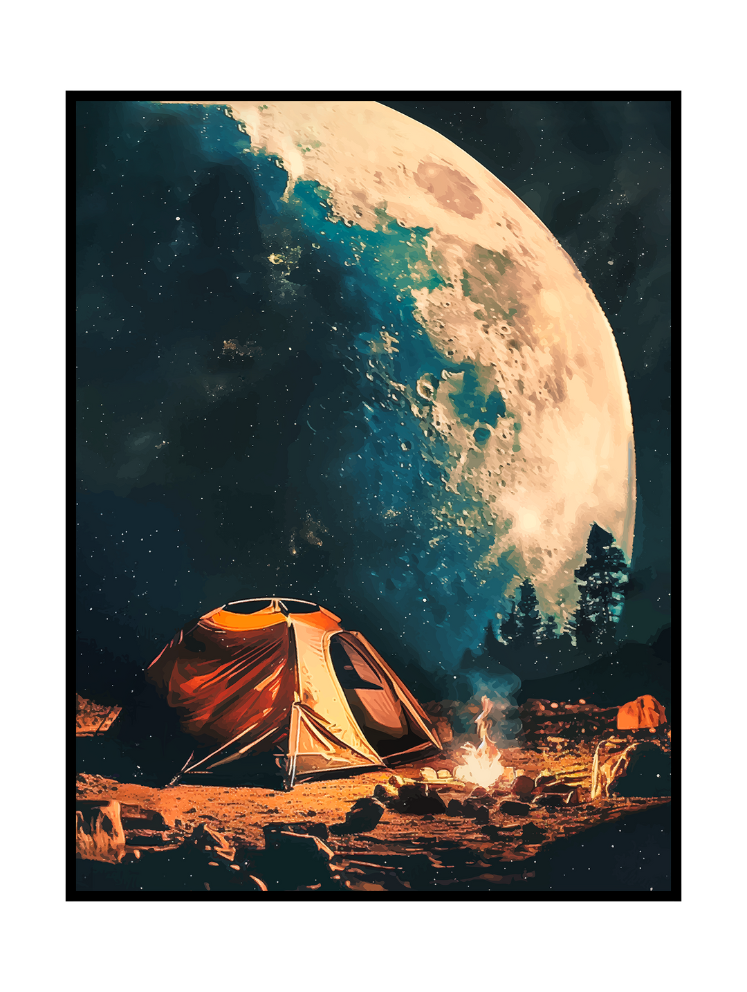 Atmospheric digital artwork depicting a glowing campsite with a tent and campfire beneath a massive moon, surrounded by stars and dark forest silhouettes, blending outdoor adventure with surreal cosmic scenery.