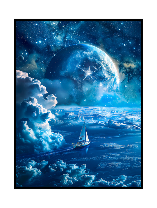 Dreamlike surreal artwork depicting a small sailing boat gliding across a vast blue ocean surrounded by clouds, beneath a massive glowing planet and a star-filled night sky. The scene blends cosmic fantasy, celestial landscapes and tranquil ocean imagery, creating a cinematic and atmospheric sense of exploration and wonder.