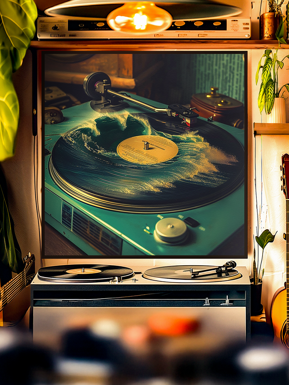 A surreal retro wall art print depicting a turquoise vinyl record player where the spinning record transforms into crashing ocean waves, blending music and nature in a dreamy fantasy artwork.
