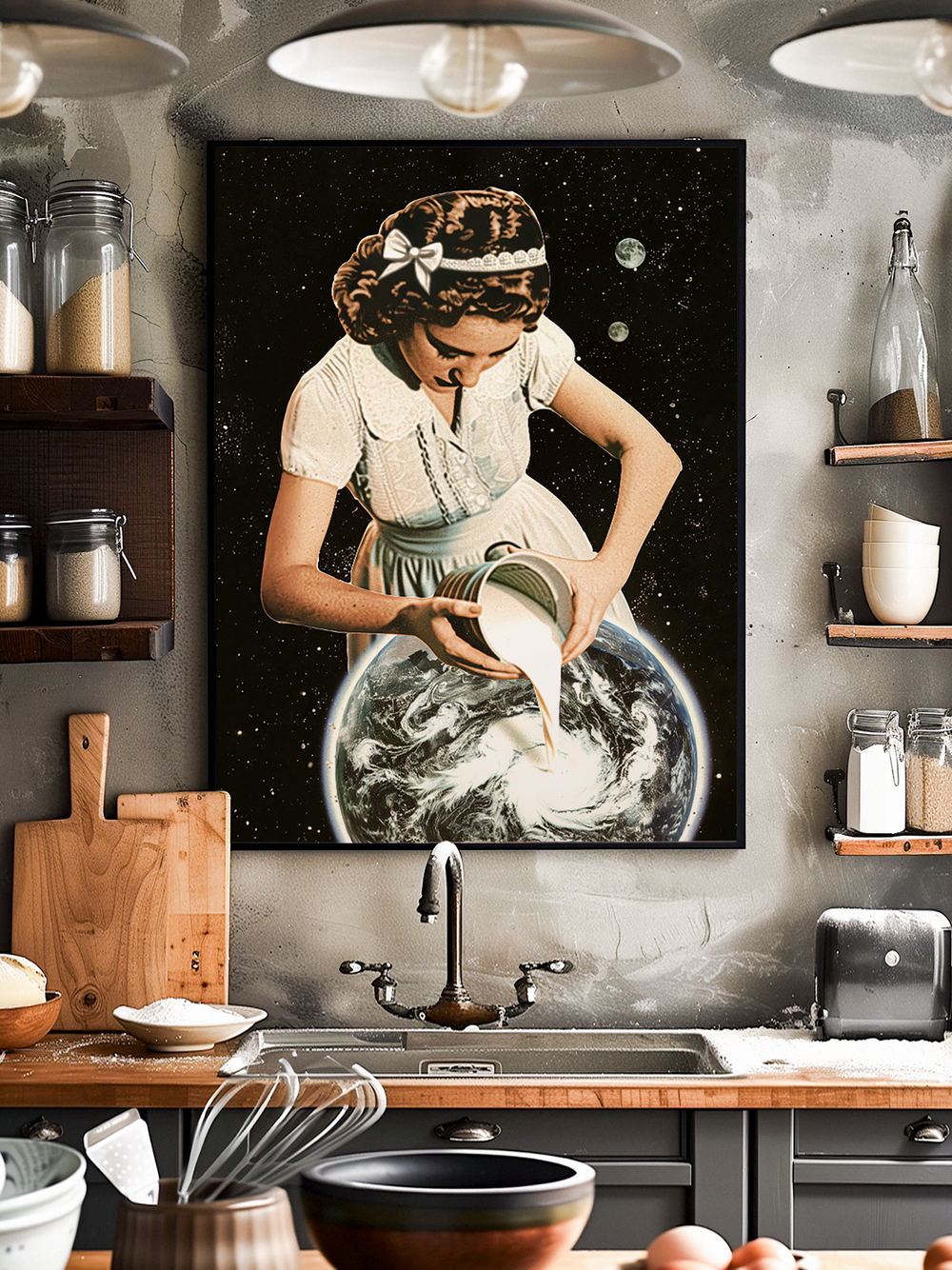 A whimsical retro-style artwork showing a vintage-dressed woman pouring milk onto planet Earth, hanging in a modern kitchen above a sink with wooden and ceramic kitchenware, blending cosmic fantasy with home décor.