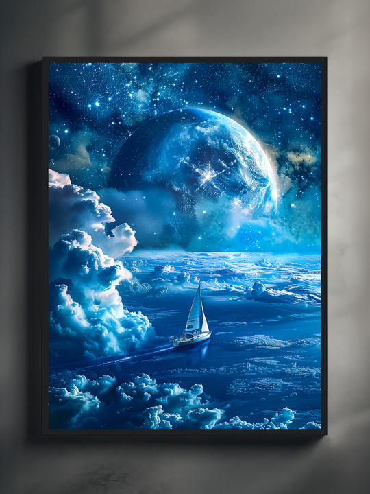Futuristic fantasy poster featuring a sailboat gliding across a surreal, cloud-filled ocean under a massive glowing planet in a starry blue sky. The framed artwork combines celestial and nautical elements, creating an imaginative and tranquil wall decor piece ideal for space art lovers and dreamers alike.