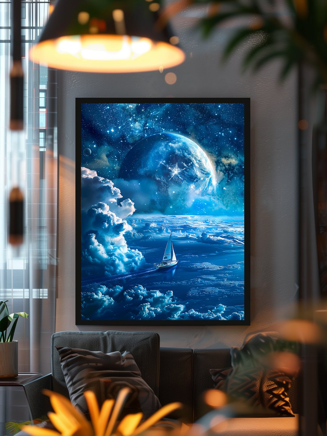 Framed fantasy poster showing a sailboat floating through a celestial blue ocean beneath a glowing planet and star-filled sky, mounted in a stylish city apartment with moody lighting, cozy decor, and indoor plants. The surreal space art adds a dreamlike, atmospheric touch to the modern interior, perfect for creative and design-conscious homes.