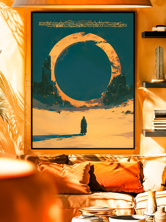 Minimalist surreal sci fi wall art showing a lone wanderer in a vast desert beneath a giant eclipse, displayed in a modern orange living room with warm tones.