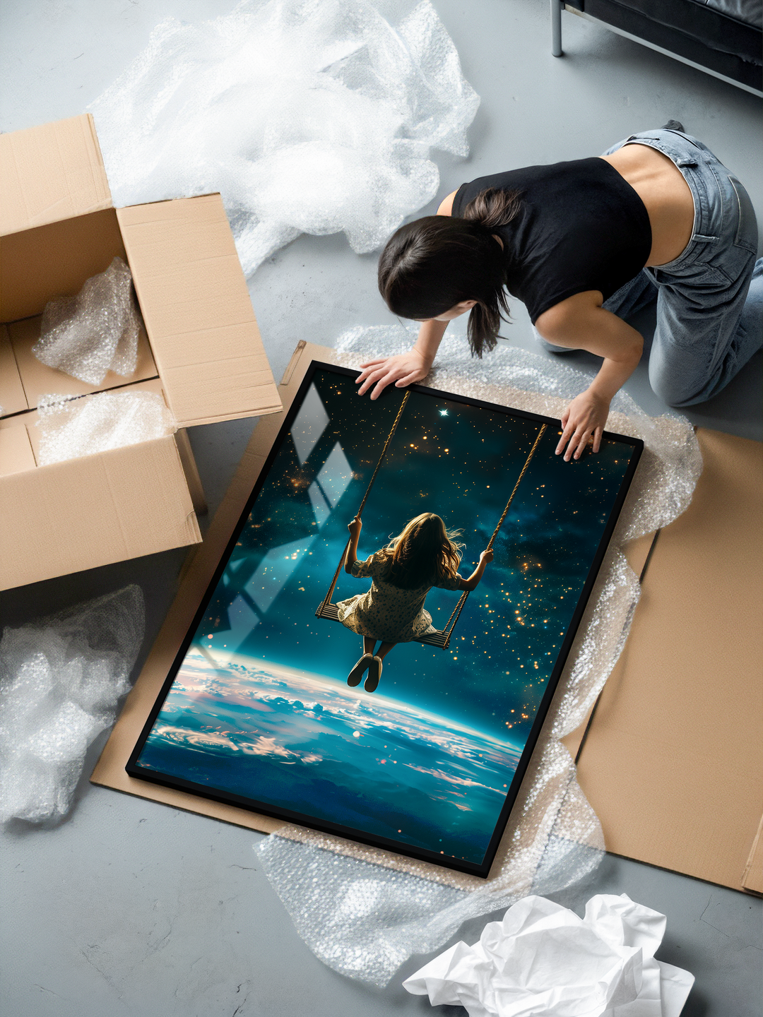 Premium surreal space artwork showing a girl on a swing above a planet, surrounded by stars and cosmic atmosphere. High-quality space art print with a modern, dreamy, futuristic style ideal for premium wall decor.
