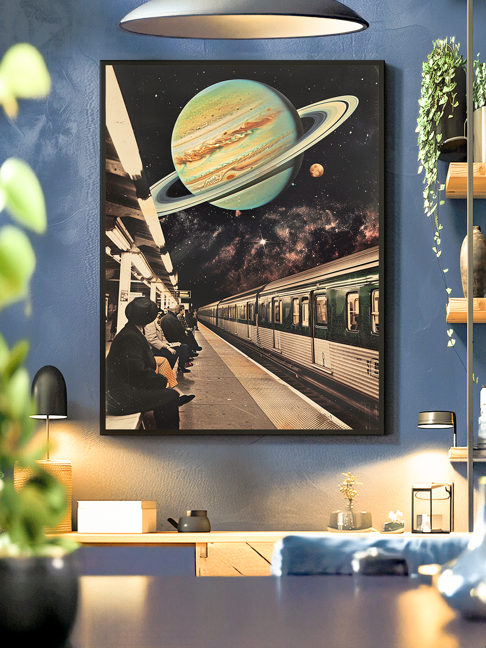 Framed poster showing a surreal train station with Saturn and cosmic background, hanging on a textured blue wall in a stylish living room with plants, shelves, and warm lighting.