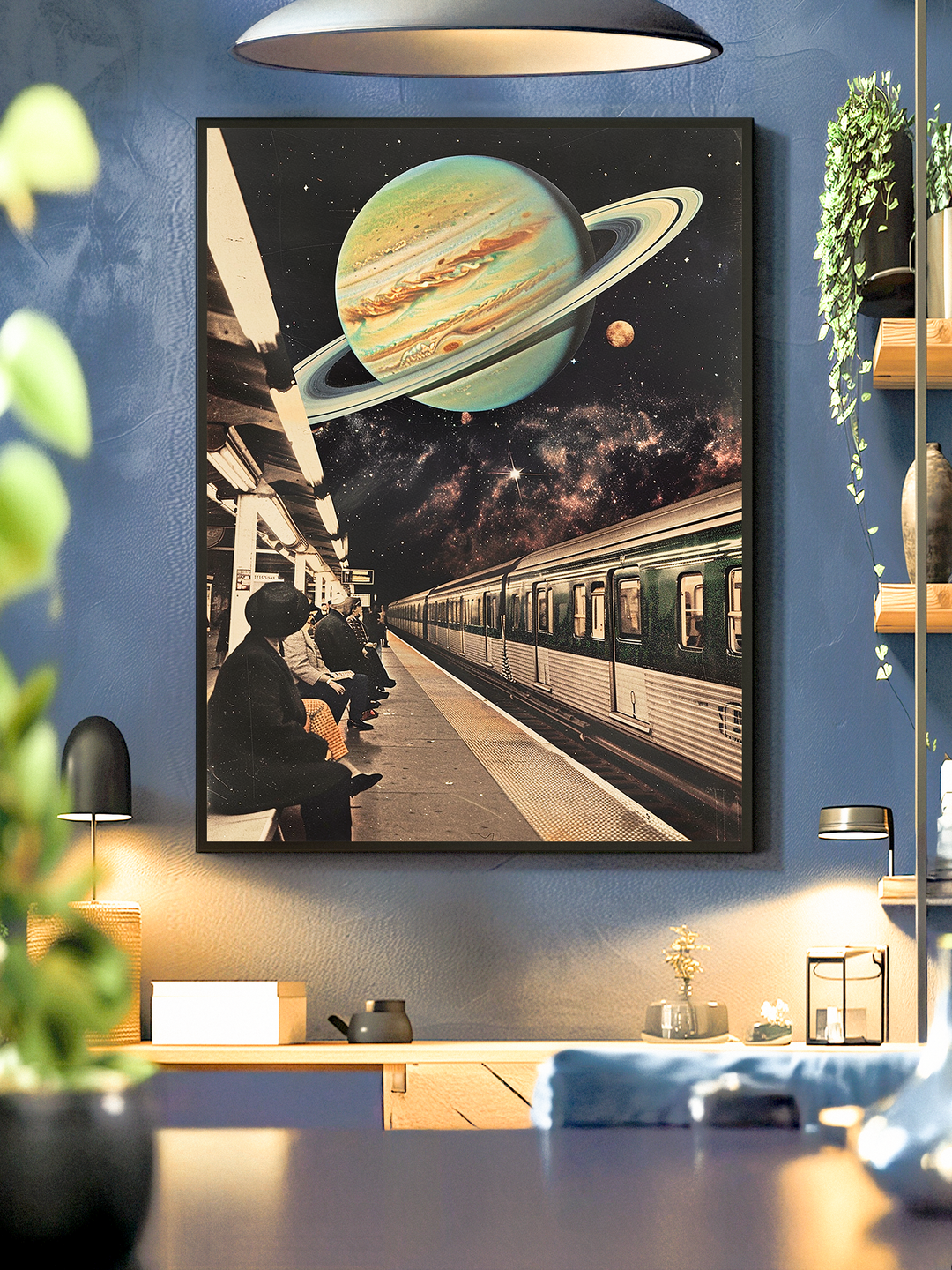 Framed poster showing a surreal train station with Saturn and cosmic background, hanging on a textured blue wall in a stylish living room with plants, shelves, and warm lighting.