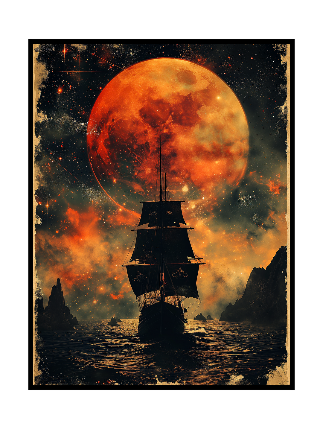 Surreal science fiction fantasy artwork showing a dark pirate sailing ship drifting across a glowing cosmic sea beneath a massive red planet, blending vintage maritime imagery with deep space atmosphere and dreamlike exploration.