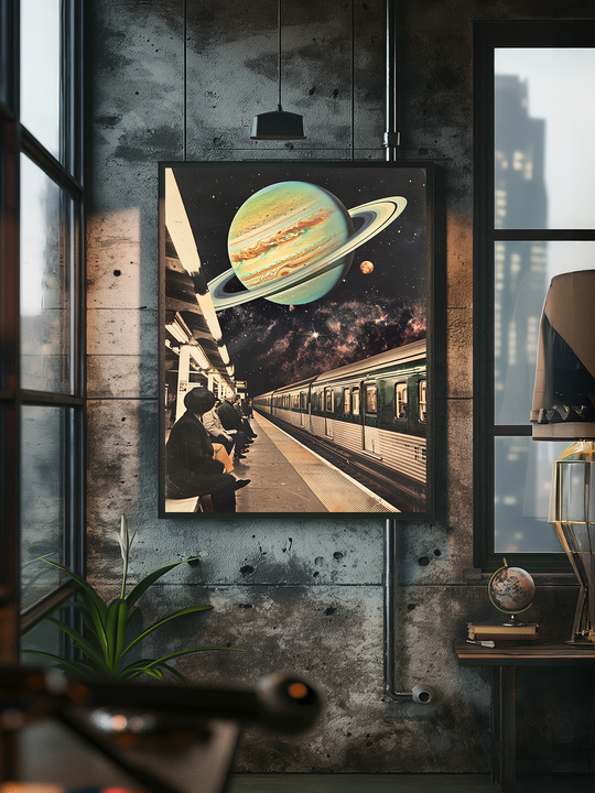 Framed poster of a surreal subway station under Saturn, mounted on a weathered concrete wall in an industrial loft with large windows, a houseplant, books, and soft natural lighting creating a stylish urban atmosphere.