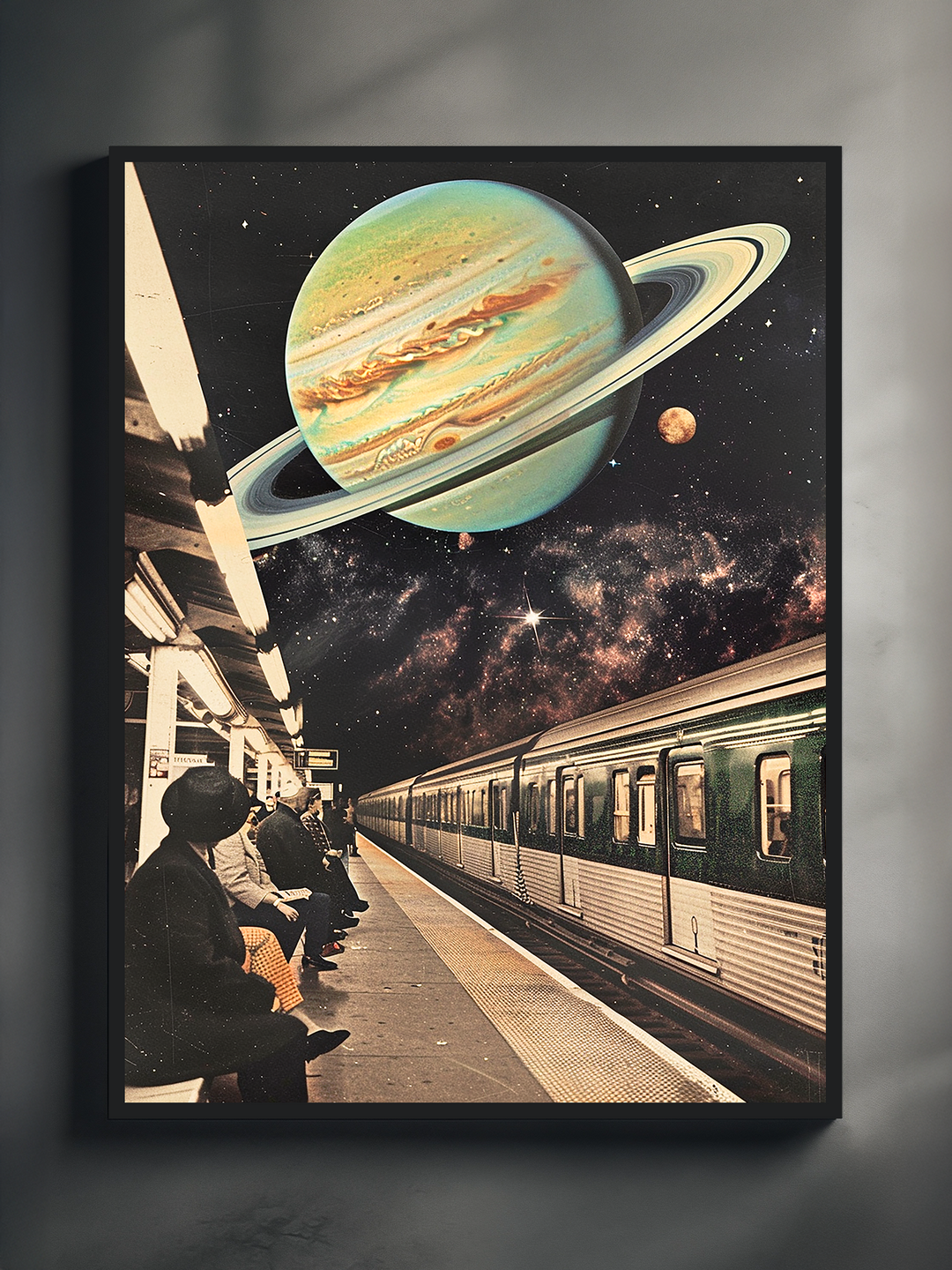 Framed artwork showing a surreal subway platform scene with people waiting, a train arriving, and the planet Saturn floating in a starry galaxy sky above, blending urban life with cosmic fantasy.