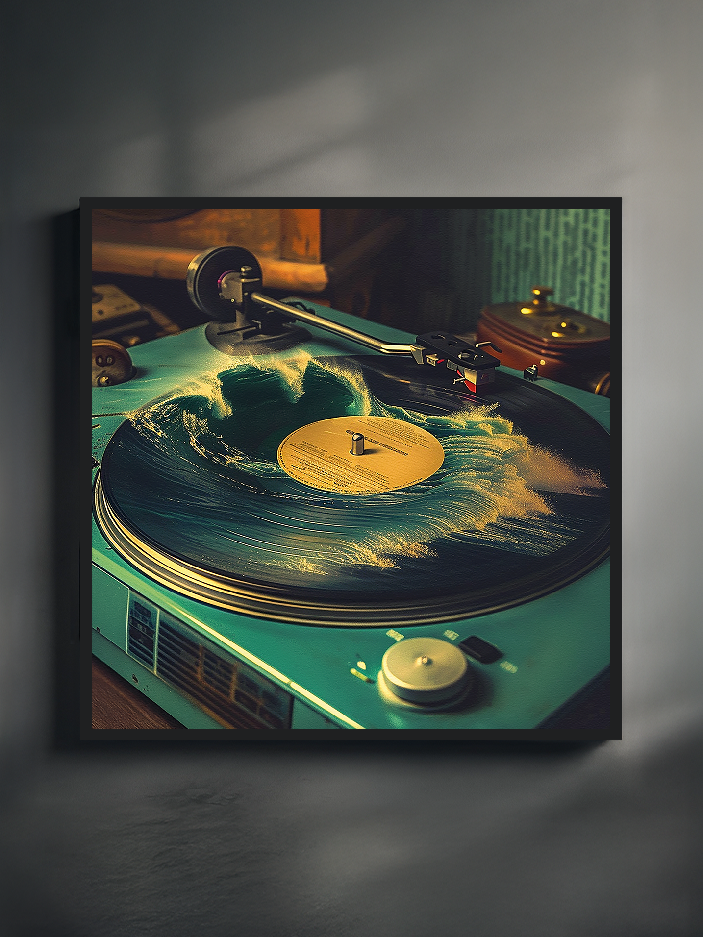 Conceptual wall art showing a vintage record player with a vinyl disc transformed into a swirling ocean, combining retro music elements with surreal seascape design in a unique and imaginative artwork.