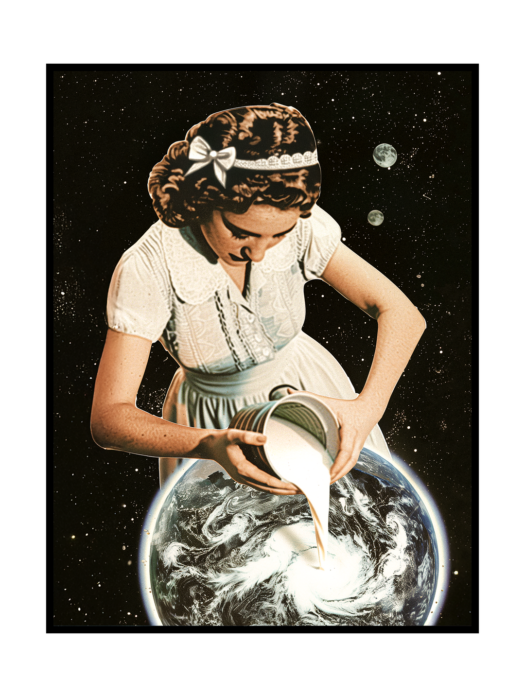 A surreal, retro-style illustration depicting a woman in a light-colored vintage dress pouring milk from a metal container into a globe resembling the Earth. The planet appears partially transparent and filled with swirling liquid, set against a deep black, star-filled space background. Soft highlights, muted tones, and a mid-century illustration style create a dreamlike atmosphere that blends domestic imagery with cosmic symbolism and a sense of quiet, contemplative surrealism.