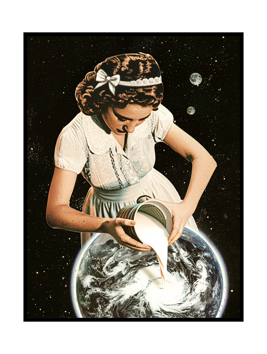 A surreal, retro-style illustration depicting a woman in a light-colored vintage dress pouring milk from a metal container into a globe resembling the Earth. The planet appears partially transparent and filled with swirling liquid, set against a deep black, star-filled space background. Soft highlights, muted tones, and a mid-century illustration style create a dreamlike atmosphere that blends domestic imagery with cosmic symbolism and a sense of quiet, contemplative surrealism.
