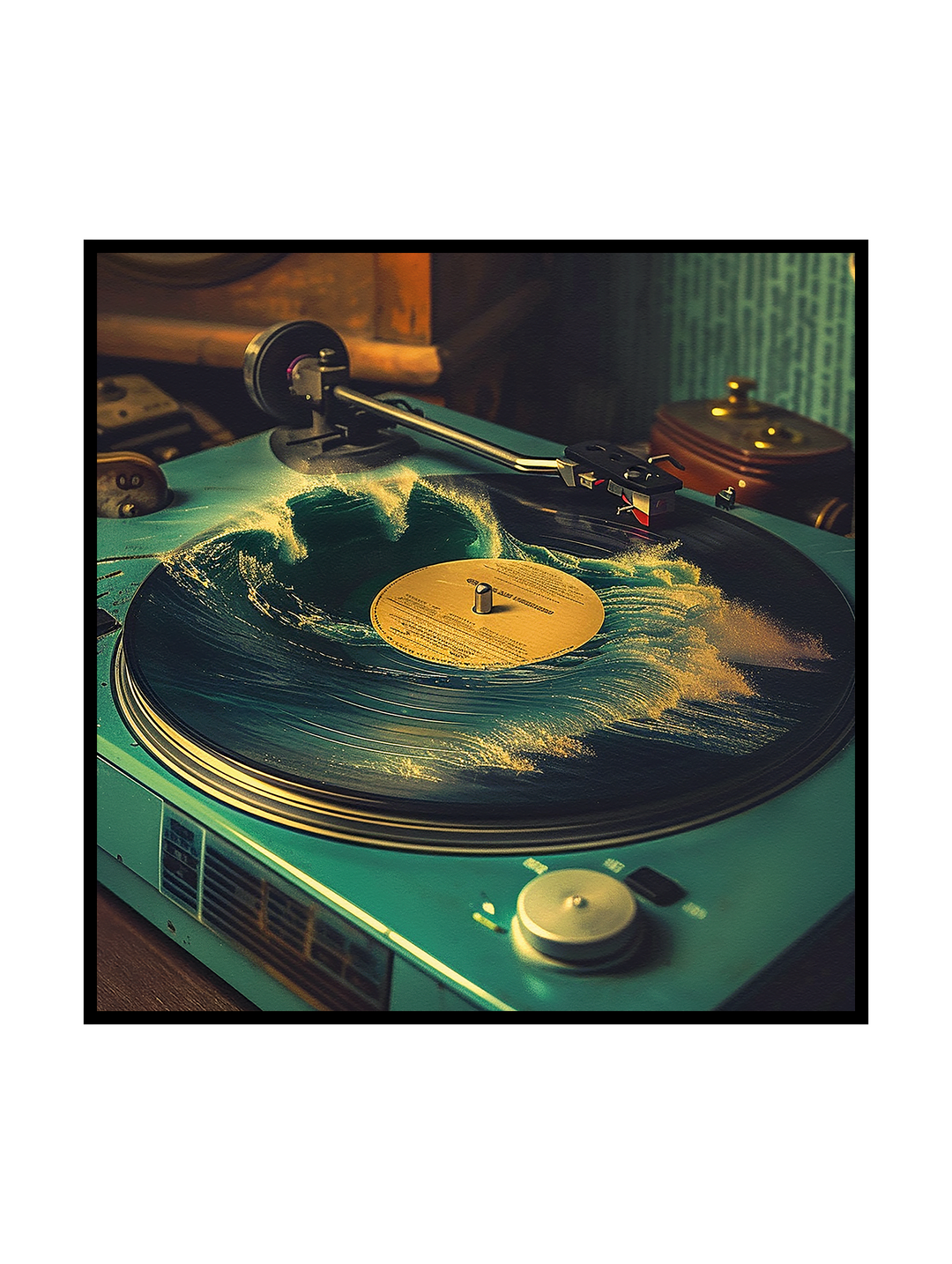 Surreal artwork showing a vintage turntable where a realistic ocean wave rises directly from a spinning vinyl record, blending music, motion, and retro atmosphere in a cinematic scene.
