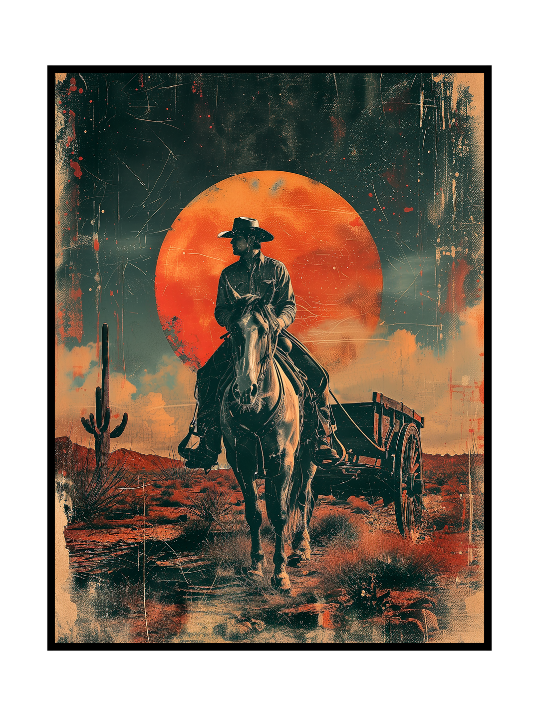 Surreal western artwork depicting a lone cowboy riding through a desert landscape beneath a massive red sun, blending vintage western imagery with cinematic, dreamlike atmosphere and bold retro tones.