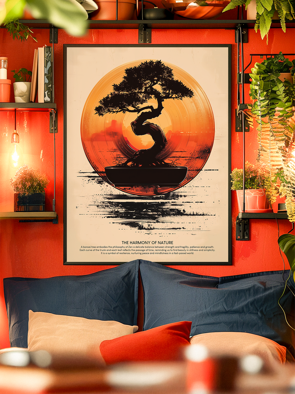 A Zen bonsai tree artwork featuring text about mindfulness and balance, displayed in a sleek black frame on a red wall with shelves and greenery.