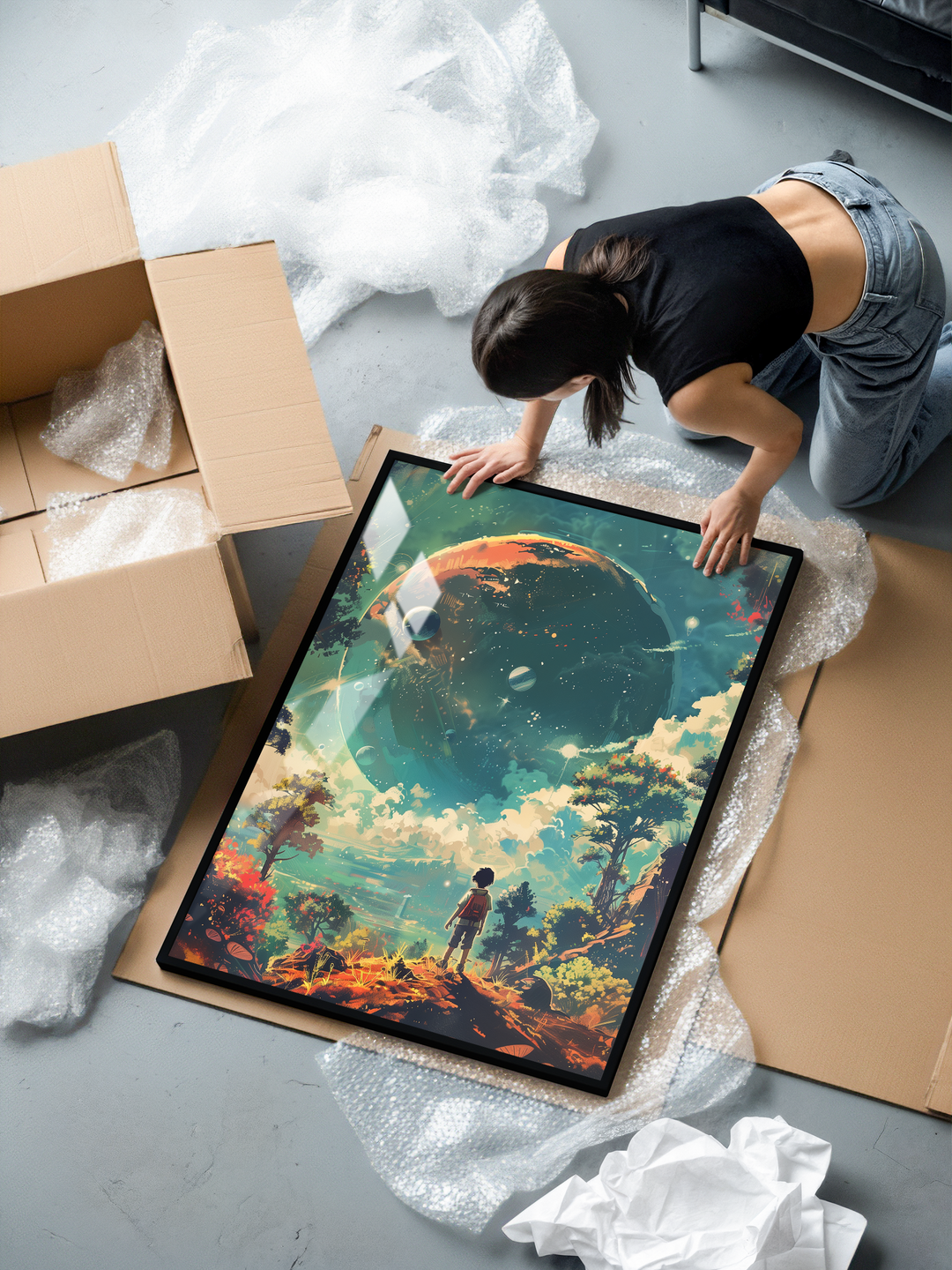 A woman kneels beside a large framed poster lying on the floor, revealing a surreal fantasy landscape. The artwork shows a lone explorer standing on colorful terrain surrounded by stylized trees, soft painterly textures, and a massive cosmic planet rising in the sky. The scene blends sci-fi and fantasy elements with a light anime and Studio Ghibli–inspired aesthetic. Bubble wrap, cardboard, and packing materials surround the premium black-framed print during unboxing.