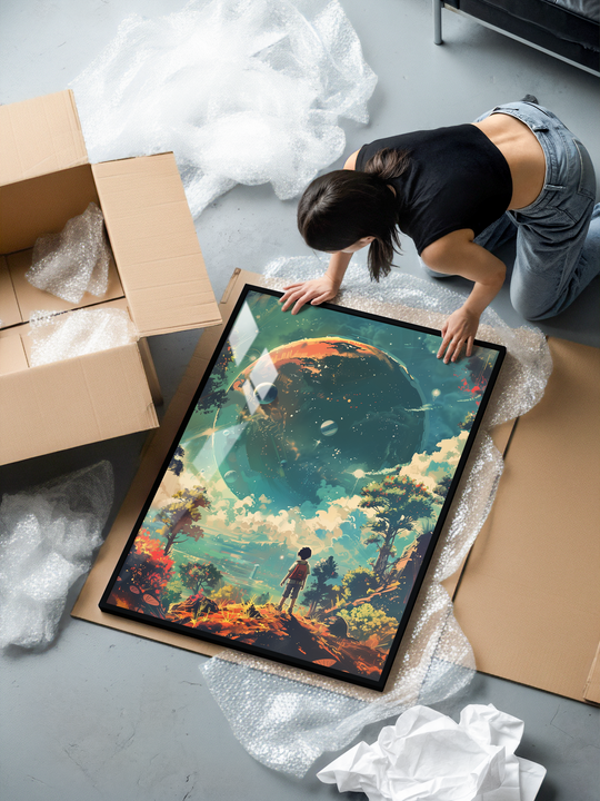 A woman kneels beside a large framed poster lying on the floor, revealing a surreal fantasy landscape. The artwork shows a lone explorer standing on colorful terrain surrounded by stylized trees, soft painterly textures, and a massive cosmic planet rising in the sky. The scene blends sci-fi and fantasy elements with a light anime and Studio Ghibli–inspired aesthetic. Bubble wrap, cardboard, and packing materials surround the premium black-framed print during unboxing.