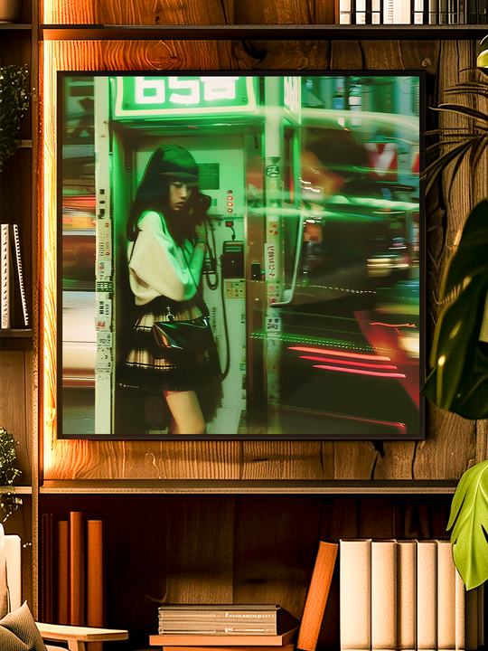 A striking cyberpunk wall art poster featuring a woman standing inside a glowing Tokyo phone booth surrounded by neon green reflections and motion blur. The scene captures the fast-paced energy of Shinjuku’s night streets with cinematic tones and retro futuristic lighting. Perfect for lovers of Japanese urban art, modern interiors, and digital photography that combines emotion, atmosphere, and movement.