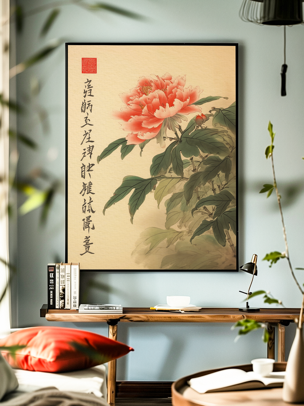 Elegant framed artwork featuring a vibrant red peony with green leaves and Asian calligraphy, displayed in a serene room with wooden furniture, books, soft lighting, and plants for a calming atmosphere.