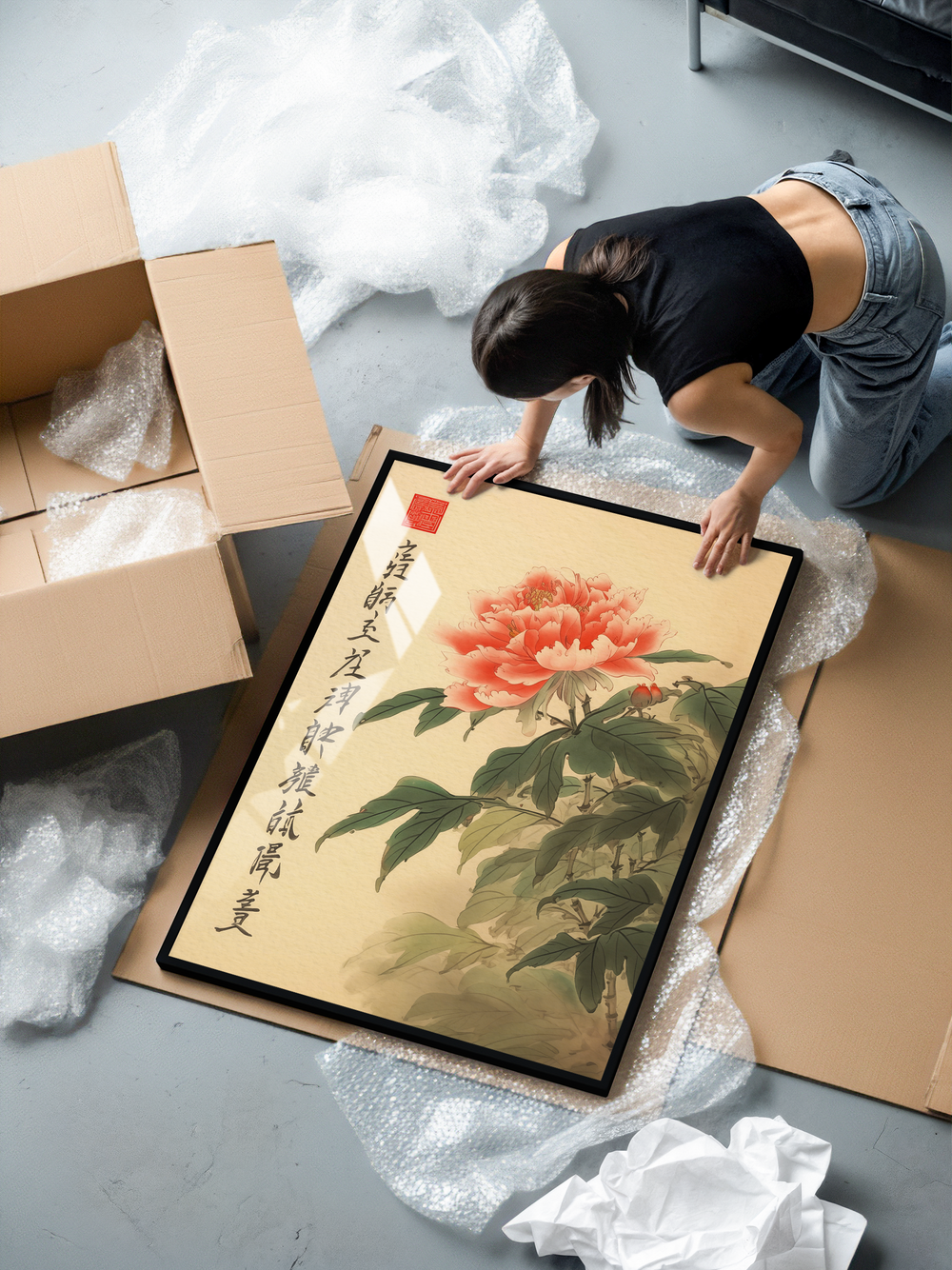 A framed traditional Asian artwork featuring a softly painted peony flower in warm red tones, surrounded by delicate green leaves and vertical Chinese calligraphy on a beige parchment-style background. The style resembles classic ink-and-wash floral paintings, capturing a calm, elegant, nature-inspired mood.