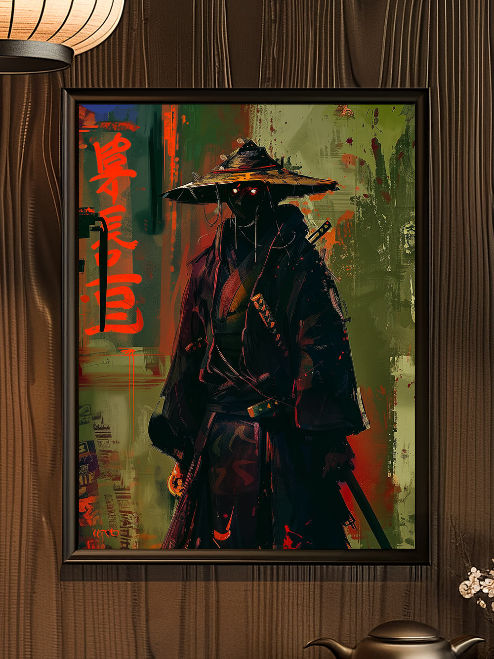 Frontal view of a traditional ronin poster featuring a samurai with glowing eyes, displayed in a black frame against a wooden wall, with an Asian-style teapot underneath.