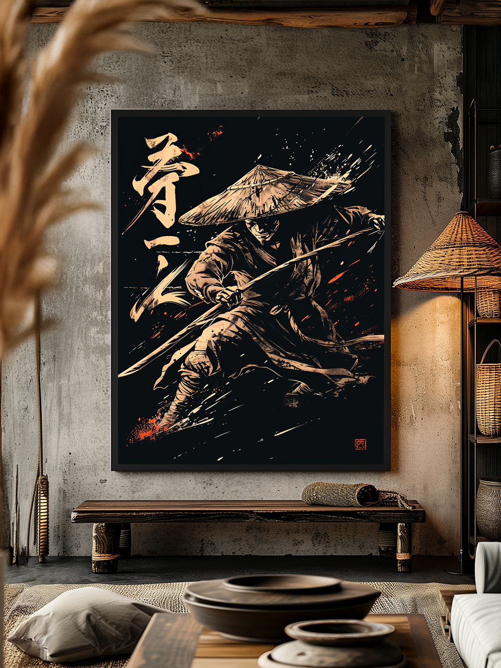 A striking wall art of a traditional samurai in motion, wearing a straw hat and wielding a staff, hangs centered on a textured concrete wall. The poster’s brushstroke style and dynamic composition evoke historical Japanese art. The surrounding room features minimalist Japanese decor with wooden furniture, natural fabrics, and warm lighting, creating a peaceful and authentic atmosphere that draws attention to the artwork.