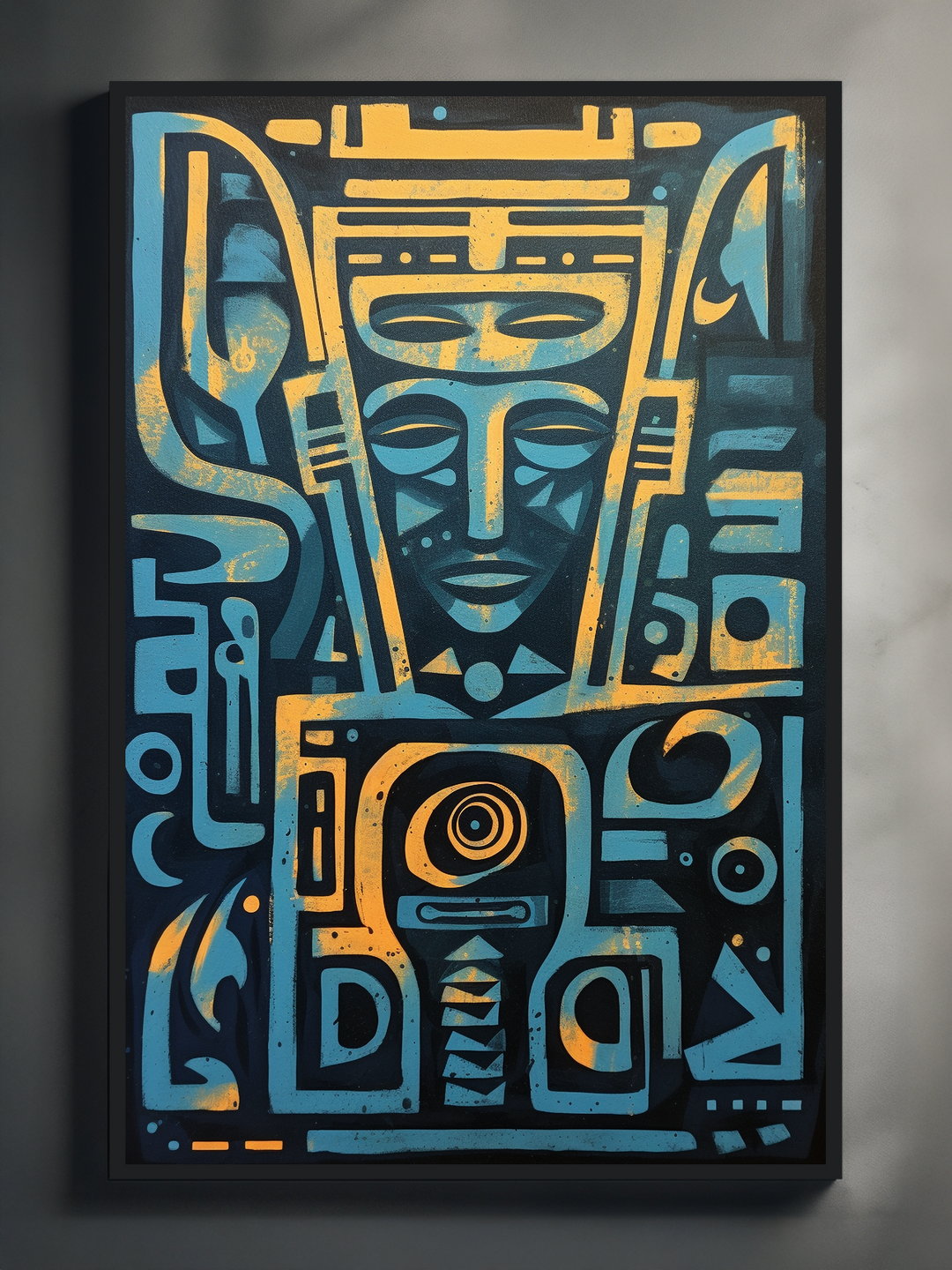 Modern tribal abstract art poster featuring vivid blue and yellow geometric shapes with a stylized face at the center, framed in a sleek black frame. The artwork is showcased against a soft, naturally lit background that enhances its vibrant colors and bold patterns, creating an inspiring and artistic atmosphere perfect for contemporary interiors.